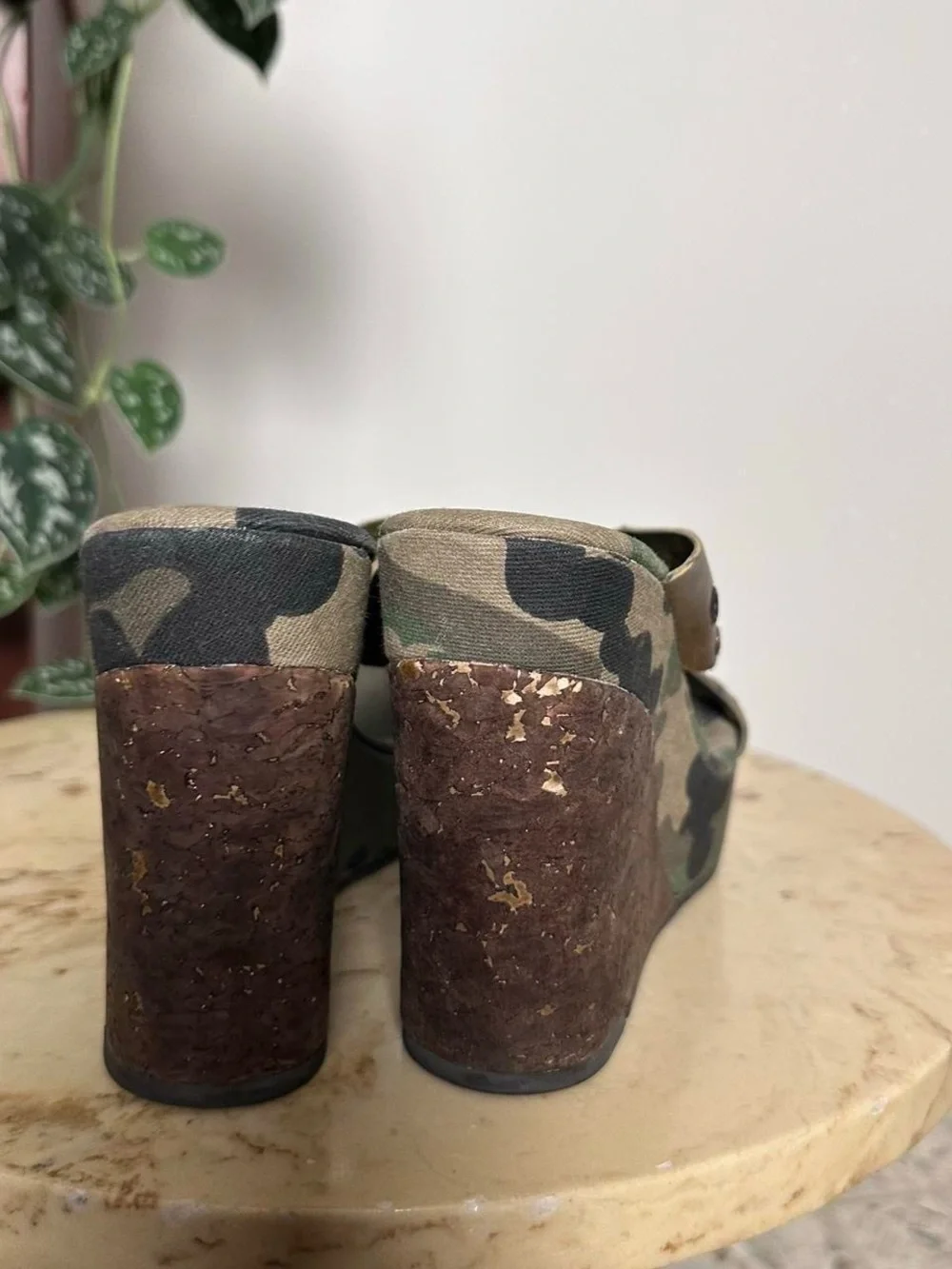 Vintage early 2000s studded detail wedge platform camo heels
